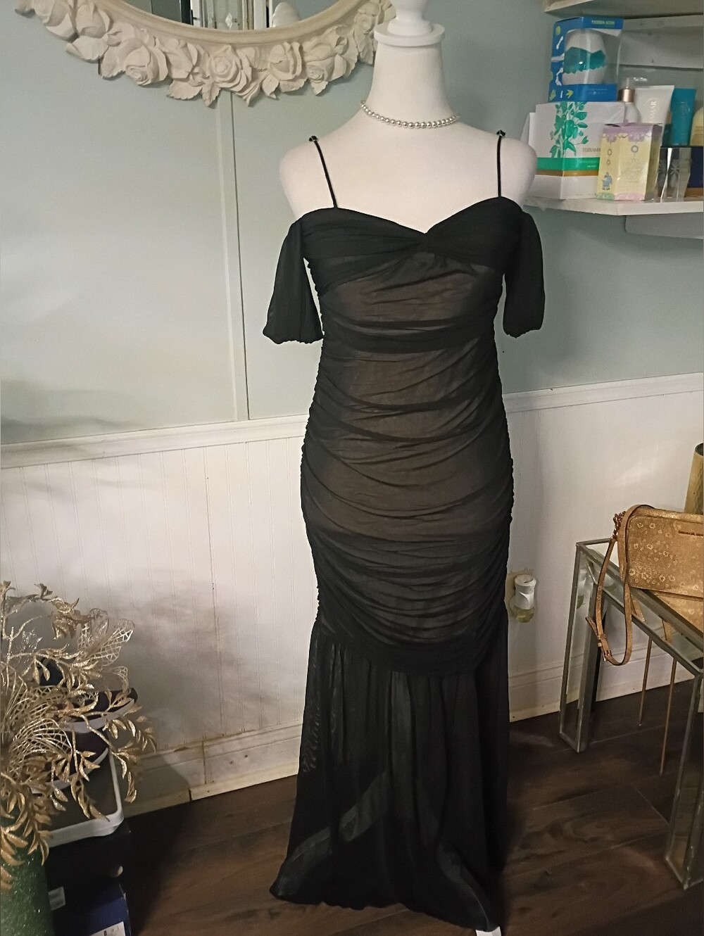 Elegant Saints And Secrets Black Maxi Dress with Cap Sleeves